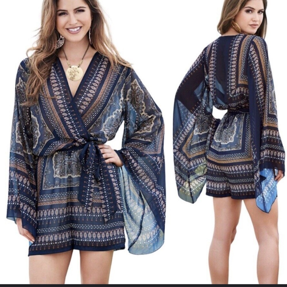 VENUS Blue Patterned Kimono Romper